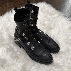 Christian Louboutin Black Leather Buckle Boots with Silver Accents/ chain 39.5